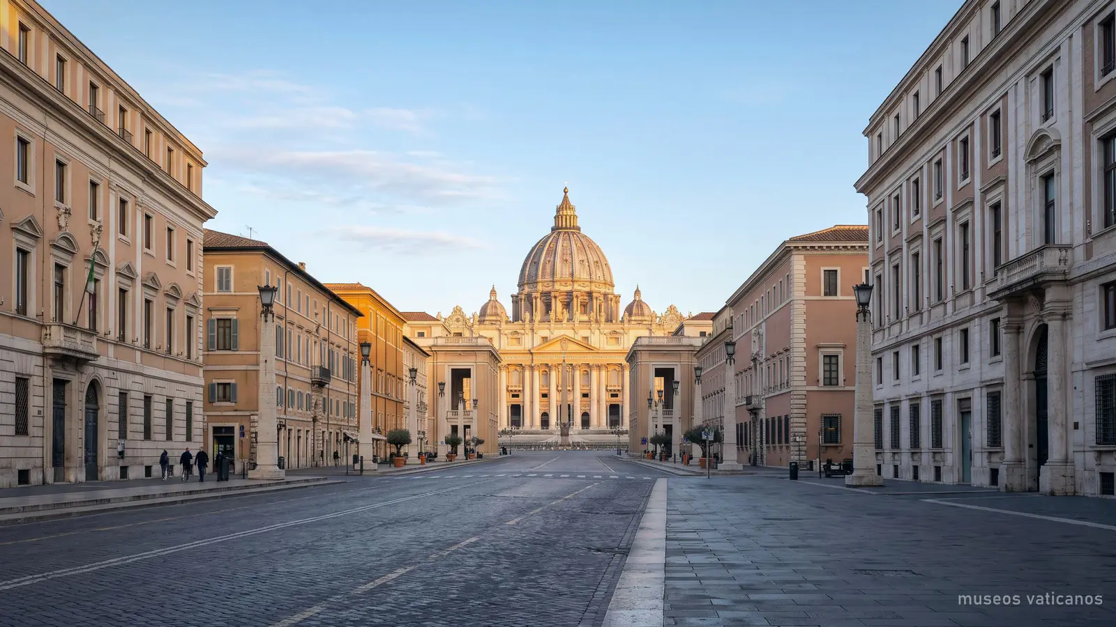 La cúpula de la Basílica de San Pedro vista desde la Via della Conciliazione por la mañana (imagen generada)